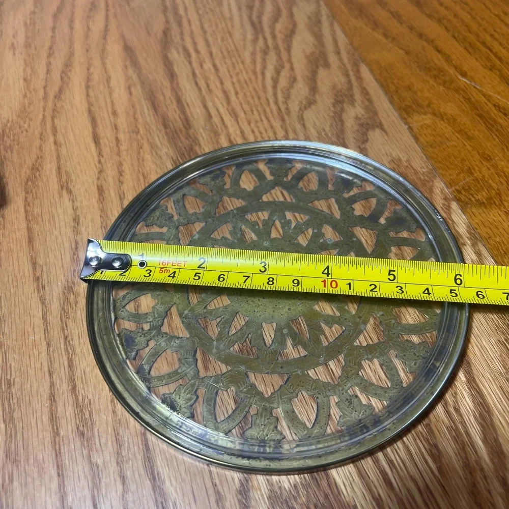 VTG Brass & Glass Trivet Round Pierced Brass Plate Original Box Bridge Jewelry